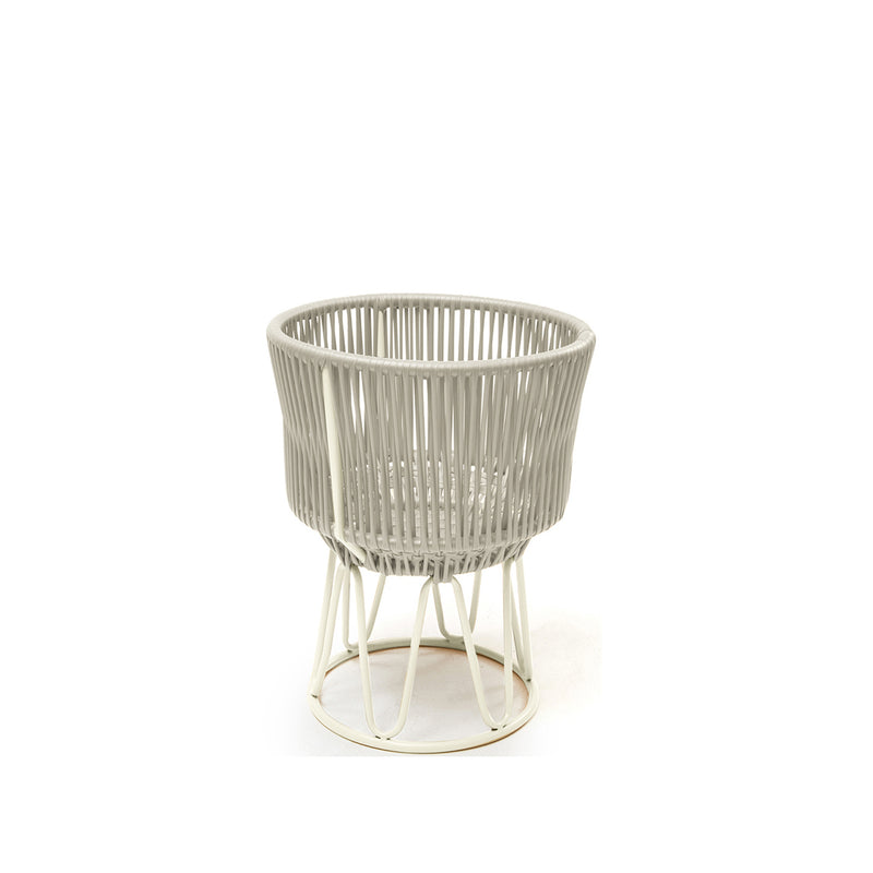 The Ames Circo Flower Pot 1 by Ames features a round, light gray woven design with short, handcrafted powder-coated steel legs—an airy, stylish accent for outdoor spaces, shown against a plain white background.