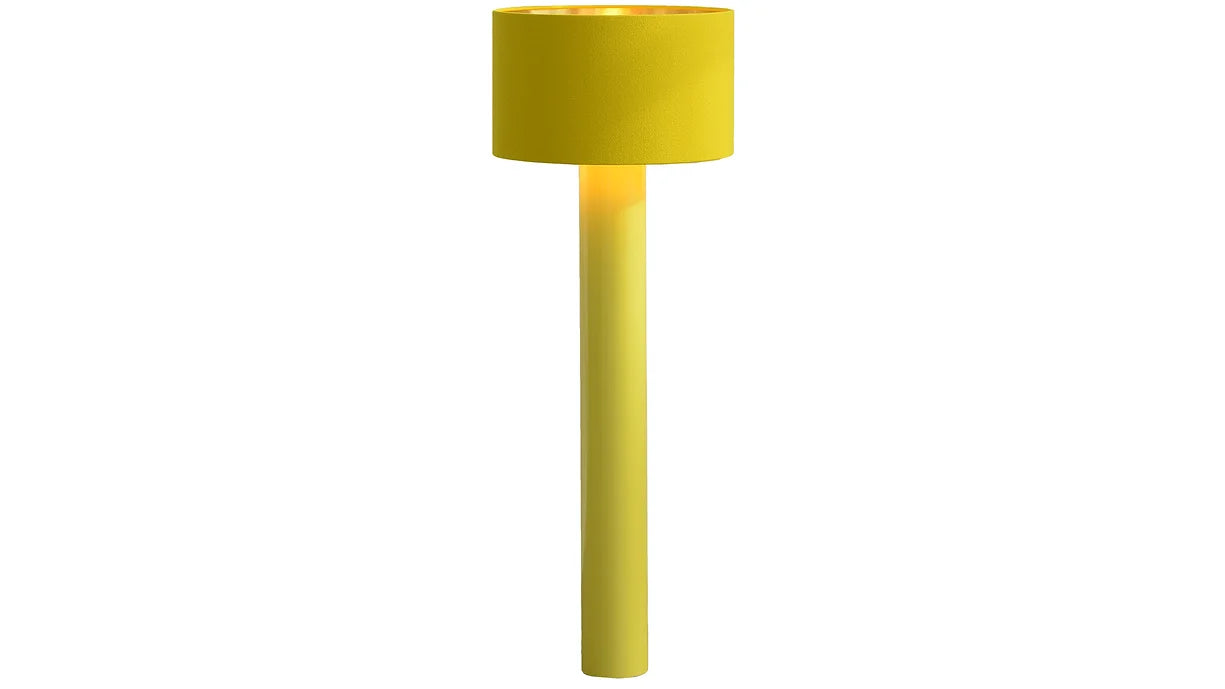 The ALL ROUND Floor Lamp by Victor Foxtrot features a modern yellow design with a cylindrical base and drum-shaped shade. It emits warm light, wrapped in wool fabric for a minimal contemporary look, standing elegantly against a plain white background.