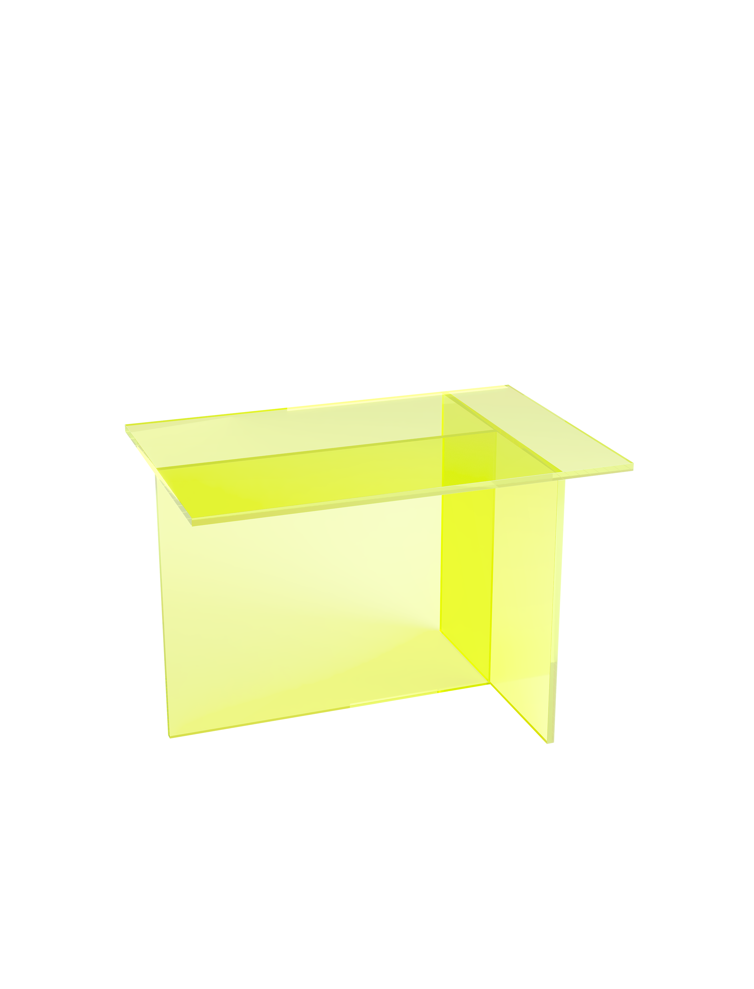 THEO Glass Side Table in translucent yellow PVB glass with intersecting panels forming a modern T shape design.