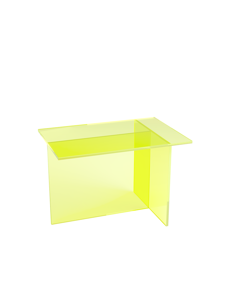THEO Glass Side Table in translucent yellow PVB glass with intersecting panels forming a modern T shape design.