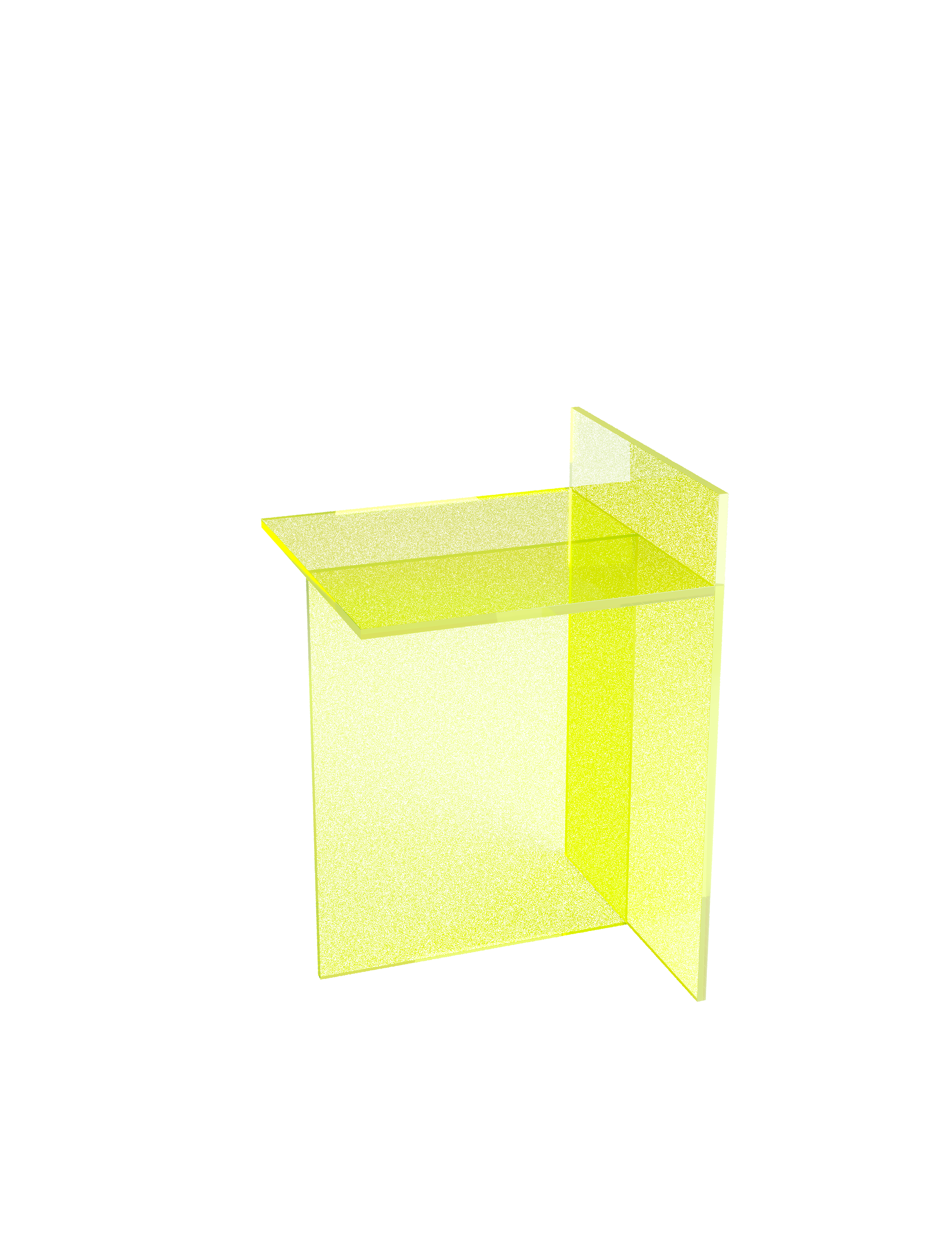 THEO Glass Side Table in translucent yellow with intersecting glass panels forming a modern T shape design.