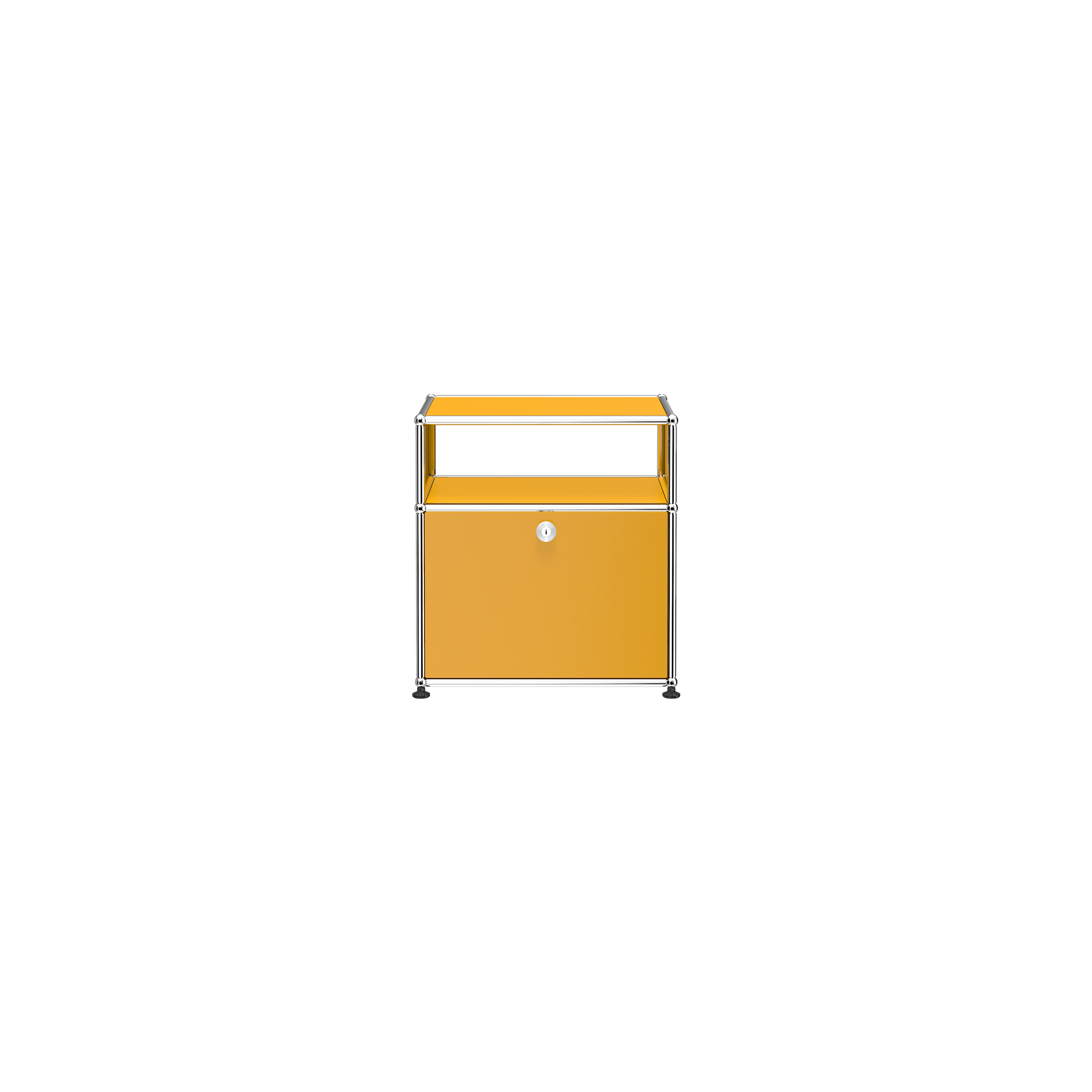 Haller Nightstand P in golden yellow with open shelf, drop-down door lock, and chrome steel frame design.
