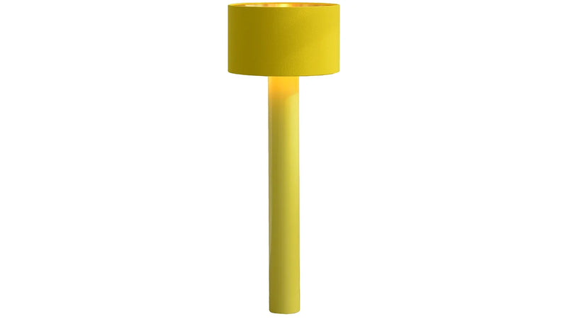 The ALL ROUND Floor Lamp by Victor Foxtrot features a modern yellow design with a cylindrical base and drum-shaped shade. It emits warm light, wrapped in wool fabric for a minimal contemporary look, standing elegantly against a plain white background.