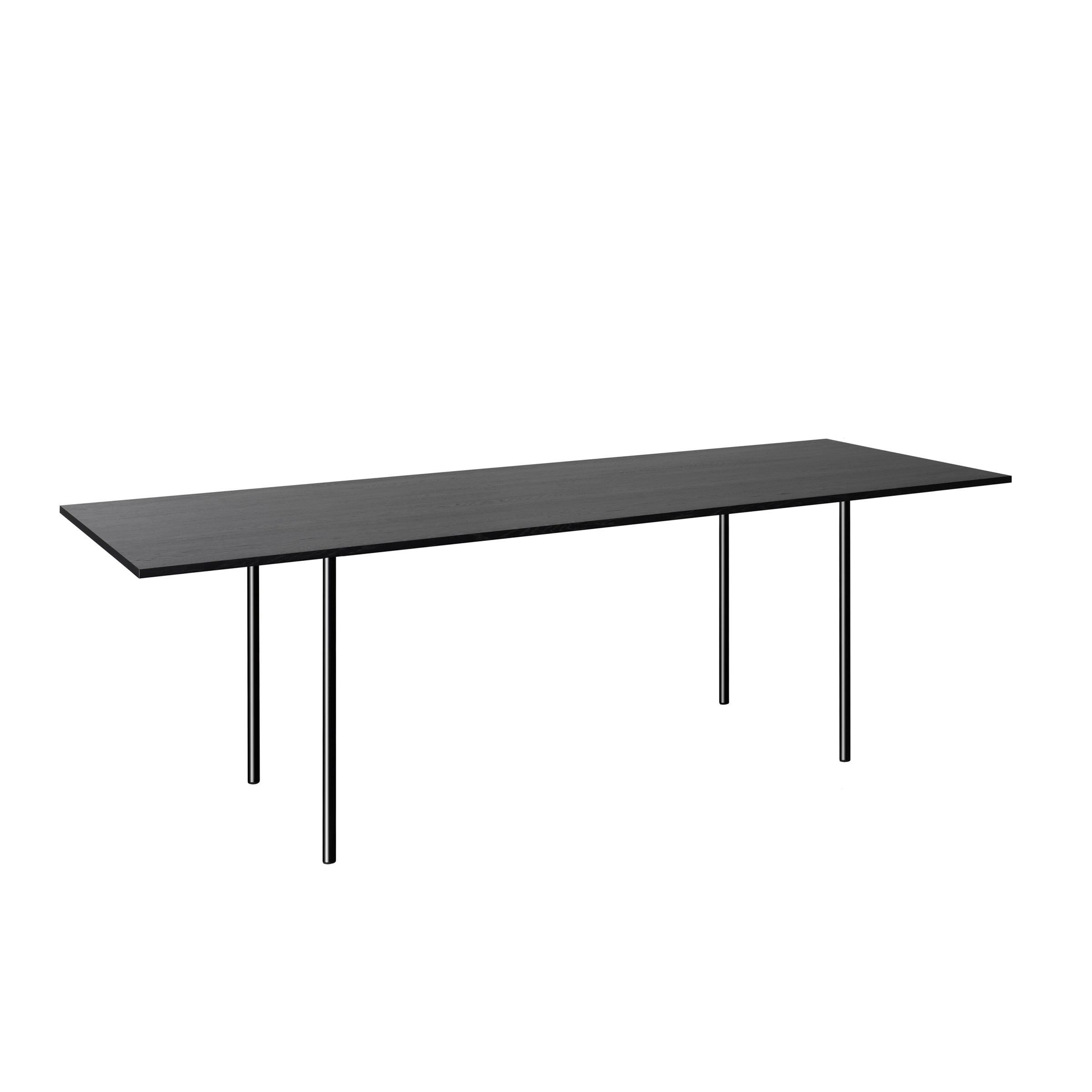 The TA14 ANTON table by E15 features a minimalist design with a walnut tabletop and four slender steel legs, all set against a white background.