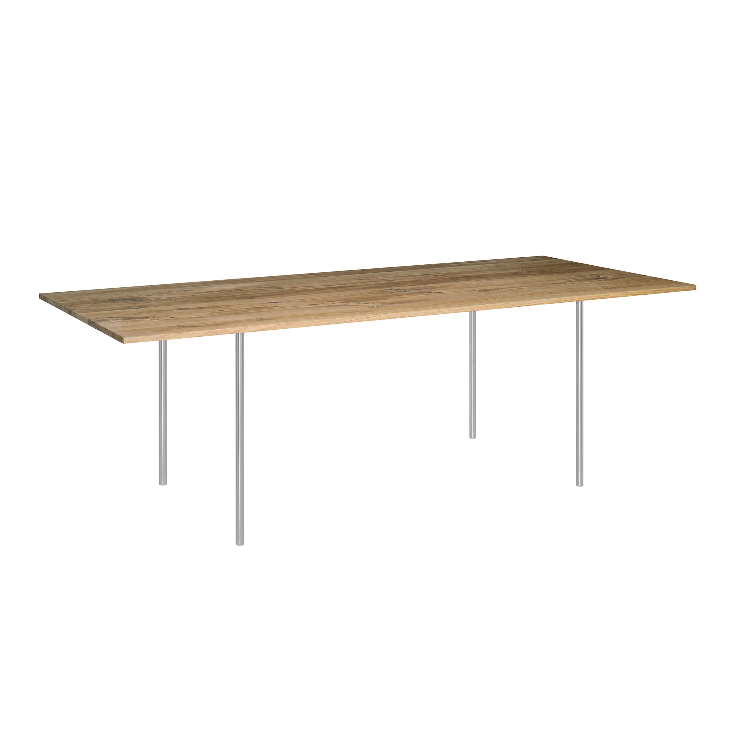 The TA14 ANTON by E15 is a modern minimalist dining table with a rectangular walnut tabletop in a light brown tone, supported by four slender steel legs, featuring clean and simple lines for a sleek appearance.