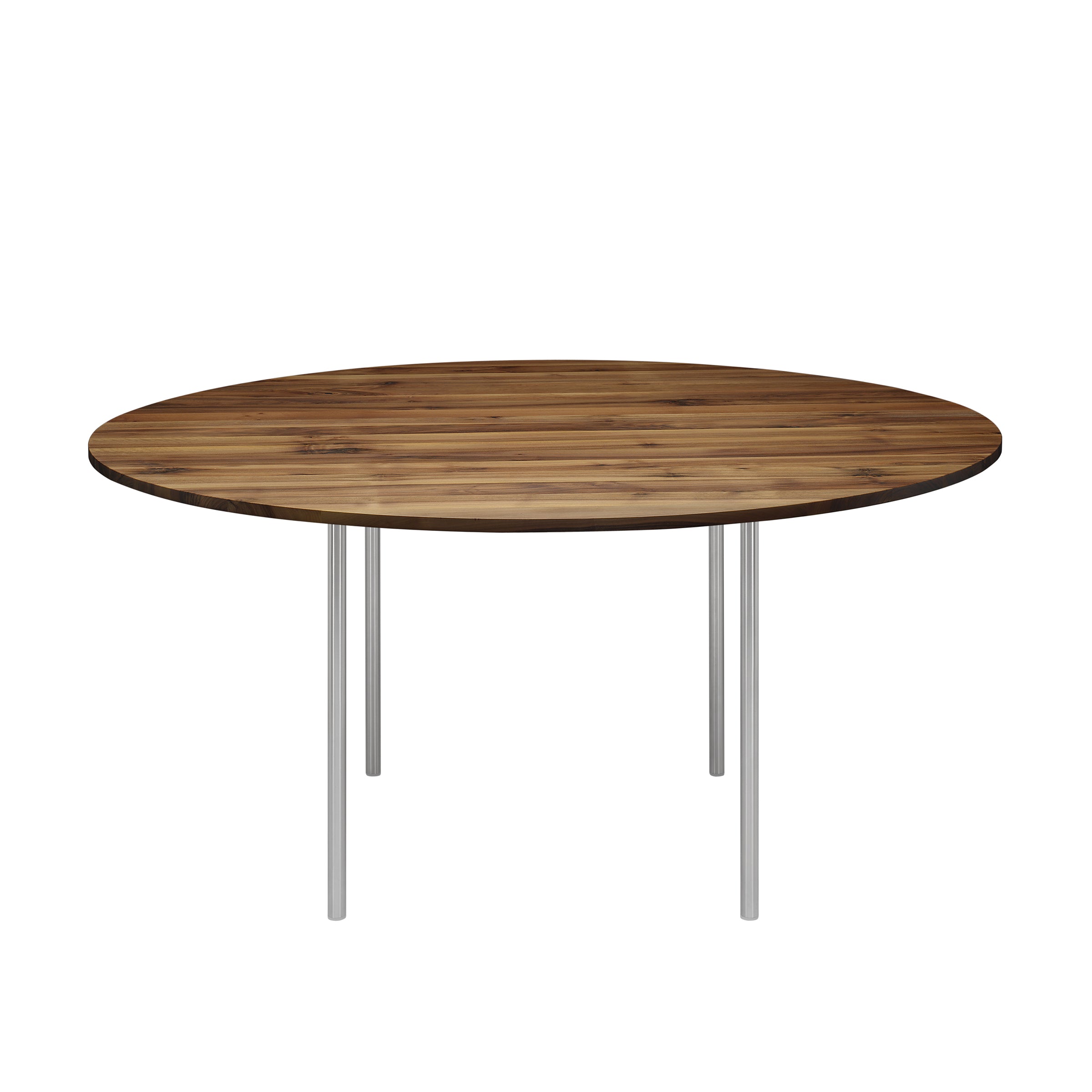 The TA14 ANTON by E15 features a round walnut tabletop with a smooth, dark brown finish atop four slender steel legs, elegantly set against a plain white background.