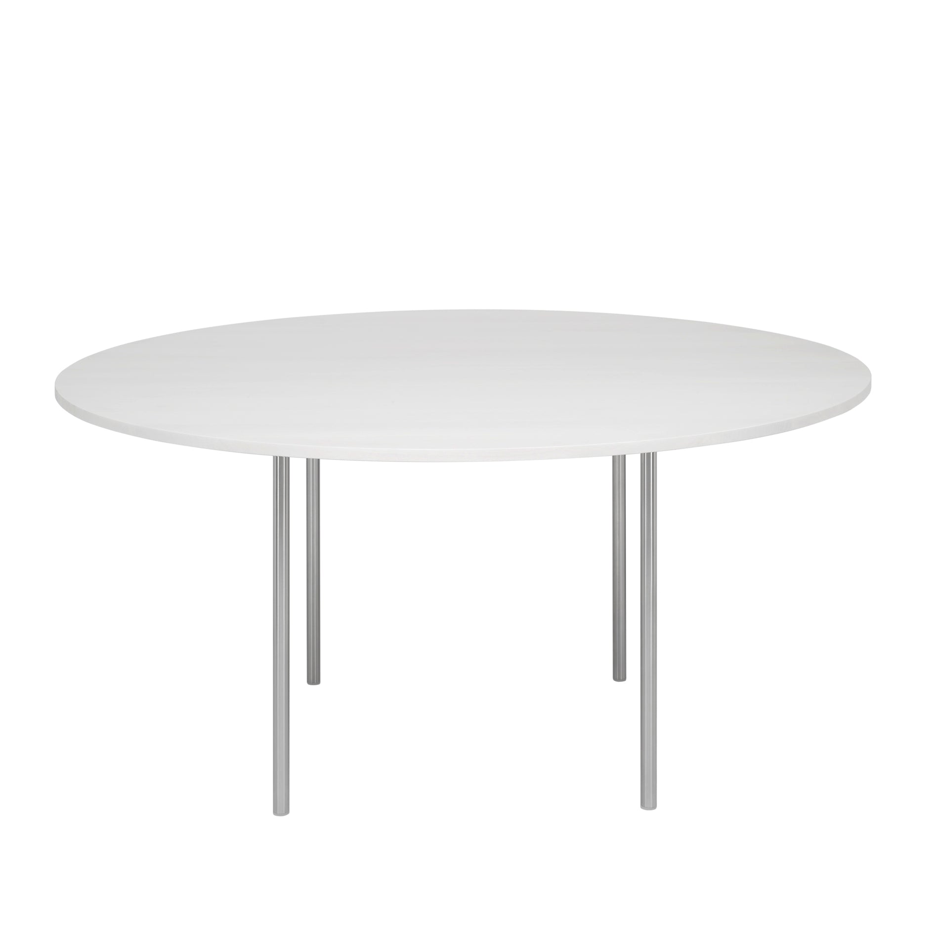 The E15 TA14 ANTON is a minimalist round white table featuring a smooth surface and sleek steel legs. Its four slender supports ensure stability, and its simple, modern design integrates effortlessly into diverse environments.