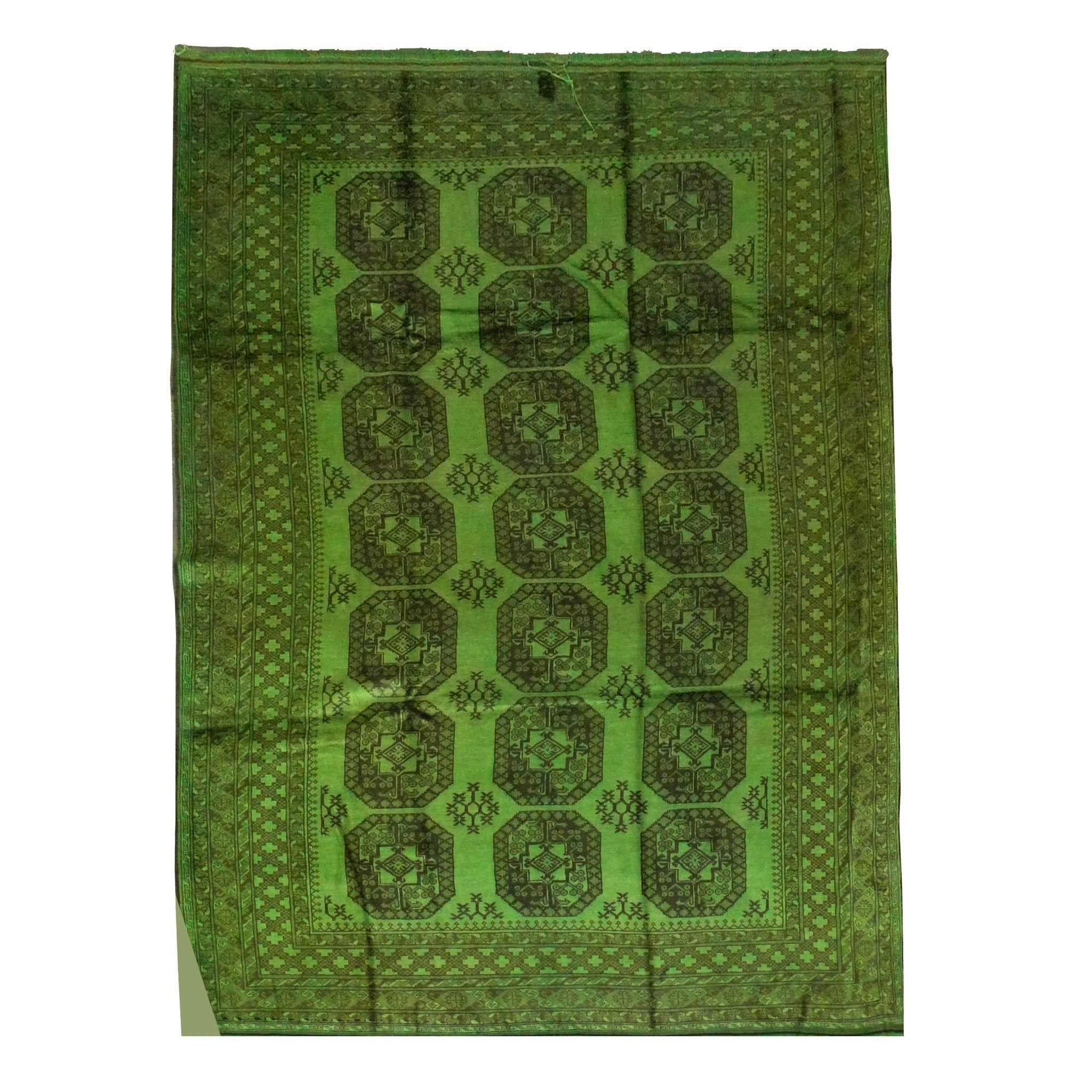 The green Kiskan Color Carpet #1011 - Sale resembles Afghan rugs, featuring a geometric pattern with dark green octagons and intricate borders on a white background.