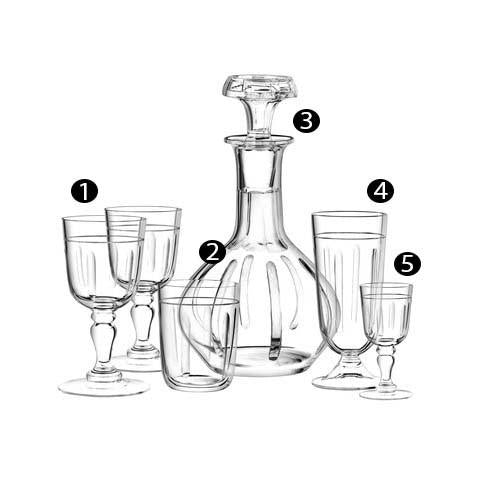 The exquisite Lobmeyr Drinking Set no. 104 - Reigen - Olive Cut includes a stunning large lead-free crystal decanter (3), six beautifully numbered glasses: two stemmed (1, 5), two tumblers (2), and two taller ones (4).