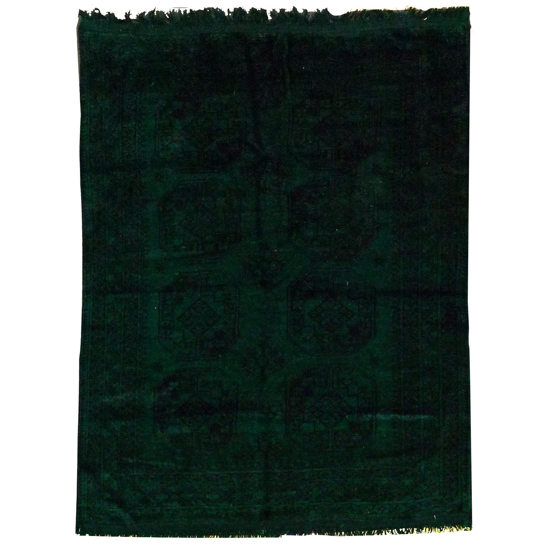 The Kiskan Color Carpet #1110 is a rectangular dark green rug with intricate geometric patterns and fringed edges, reminiscent of Persian carpets. Its handmade wool design features subtle yet striking symmetry, enhanced by the deep color. Now on sale!.