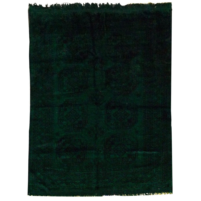 The Kiskan Color Carpet #1110 is a rectangular dark green rug with intricate geometric patterns and fringed edges, reminiscent of Persian carpets. Its handmade wool design features subtle yet striking symmetry, enhanced by the deep color. Now on sale!.