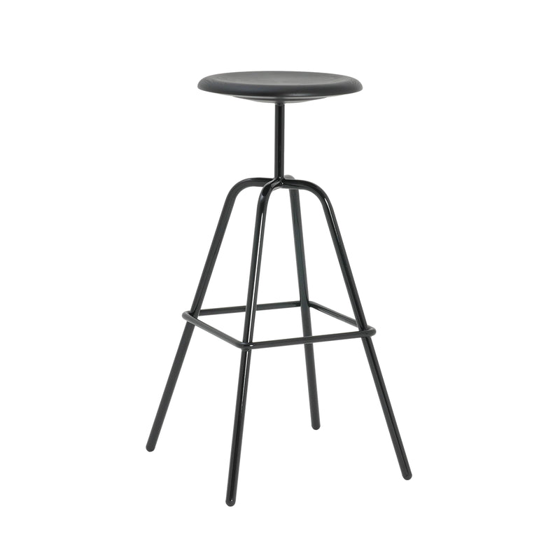 Introducing the sleek Herrenberger Barstool by Atelier Haussmann, a modern black bar stool with a round seat, four metal legs, and a square footrest. Its minimalist design and tubular steel frame exude an industrial furniture aesthetic.