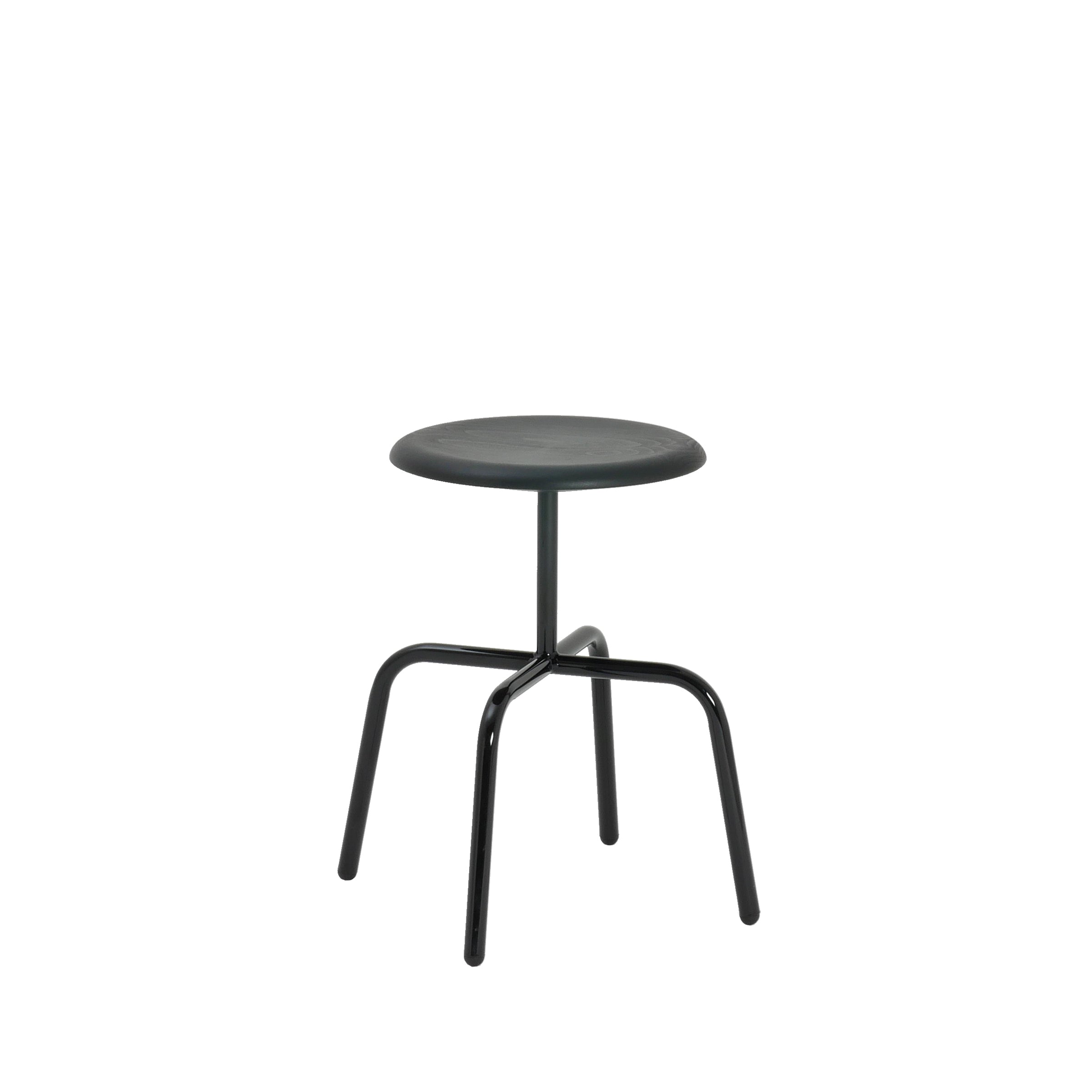 Atelier Haussmanns Herrenberger Stool is a minimalist design featuring a black round seat and four splayed metal legs, crafted from tubular steel. The modern elegance of its industrial chic style stands out against a white background.