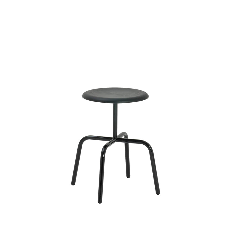 Atelier Haussmanns Herrenberger Stool is a minimalist design featuring a black round seat and four splayed metal legs, crafted from tubular steel. The modern elegance of its industrial chic style stands out against a white background.