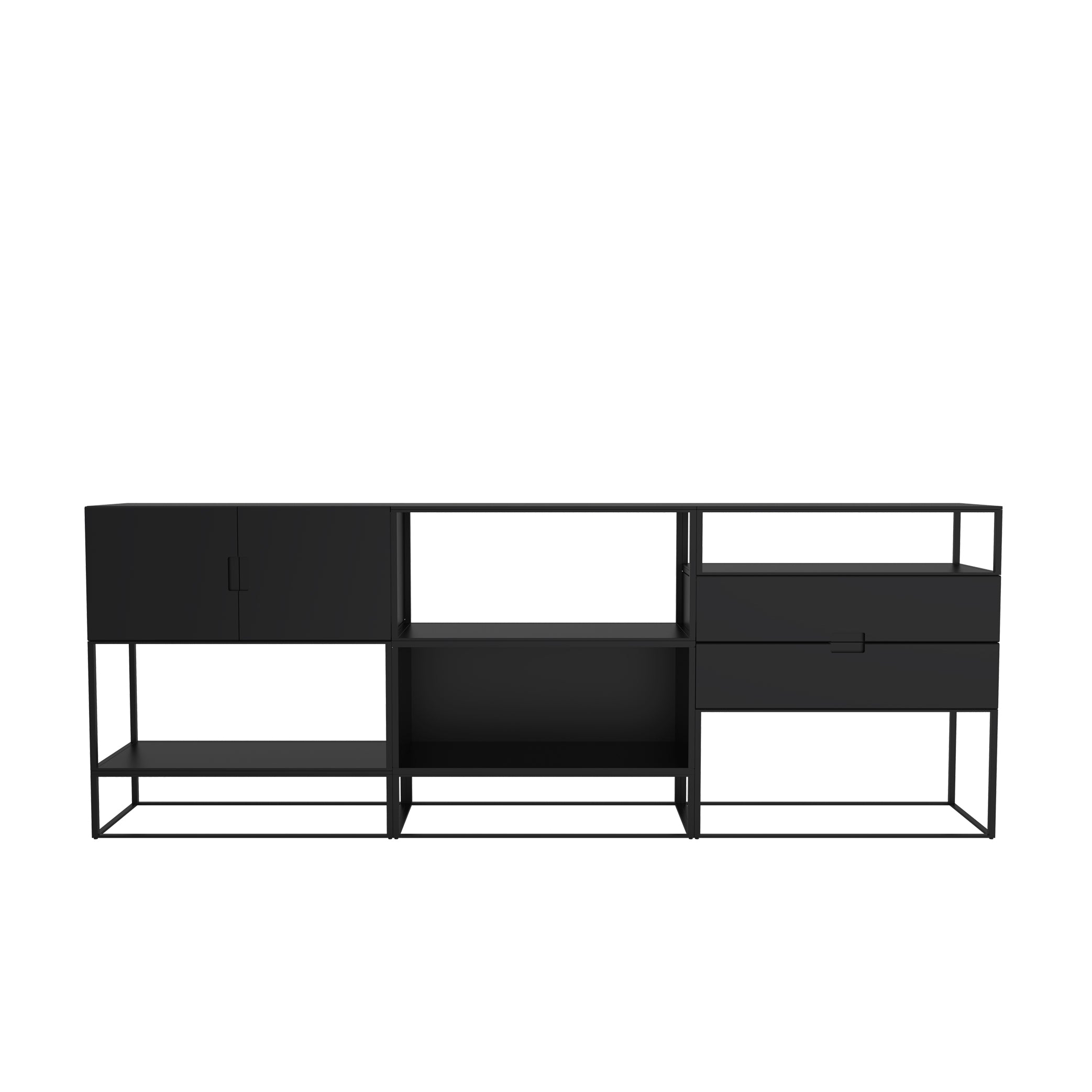 The Fischer Shelving System by Objekte unserer Tage is a minimalist black metal console table with modular furniture features, including closed cabinets, open shelves, and a drawer. Its sleek and modern puristic design offers flexible storage solutions with thin metal framing.