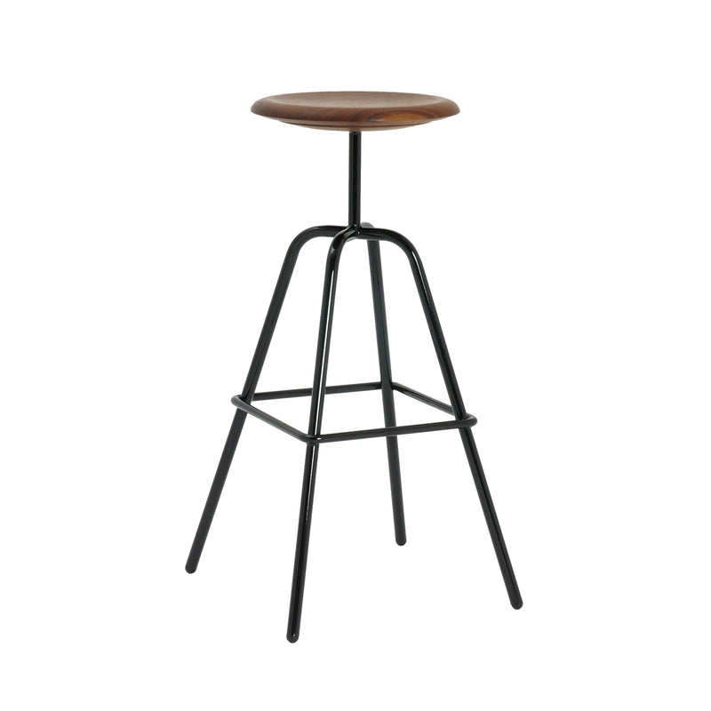 The Atelier Haussmann Herrenberger Barstool features a round wooden seat and sleek tubular steel frame. Its minimalist design includes four slender legs connected by a square footrest, embodying industrial furnitures essence with modern simplicity and functionality.