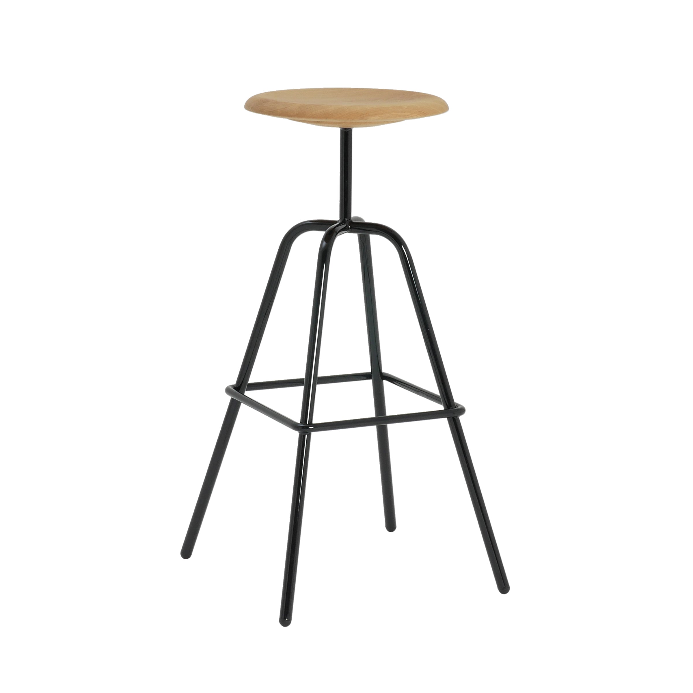 The Herrenberger Barstool by Atelier Haussmann features a tall design with a round wooden seat and sturdy black tubular steel frame, complemented by four legs linked by a rectangular footrest that embodies minimalist charm and industrial style.