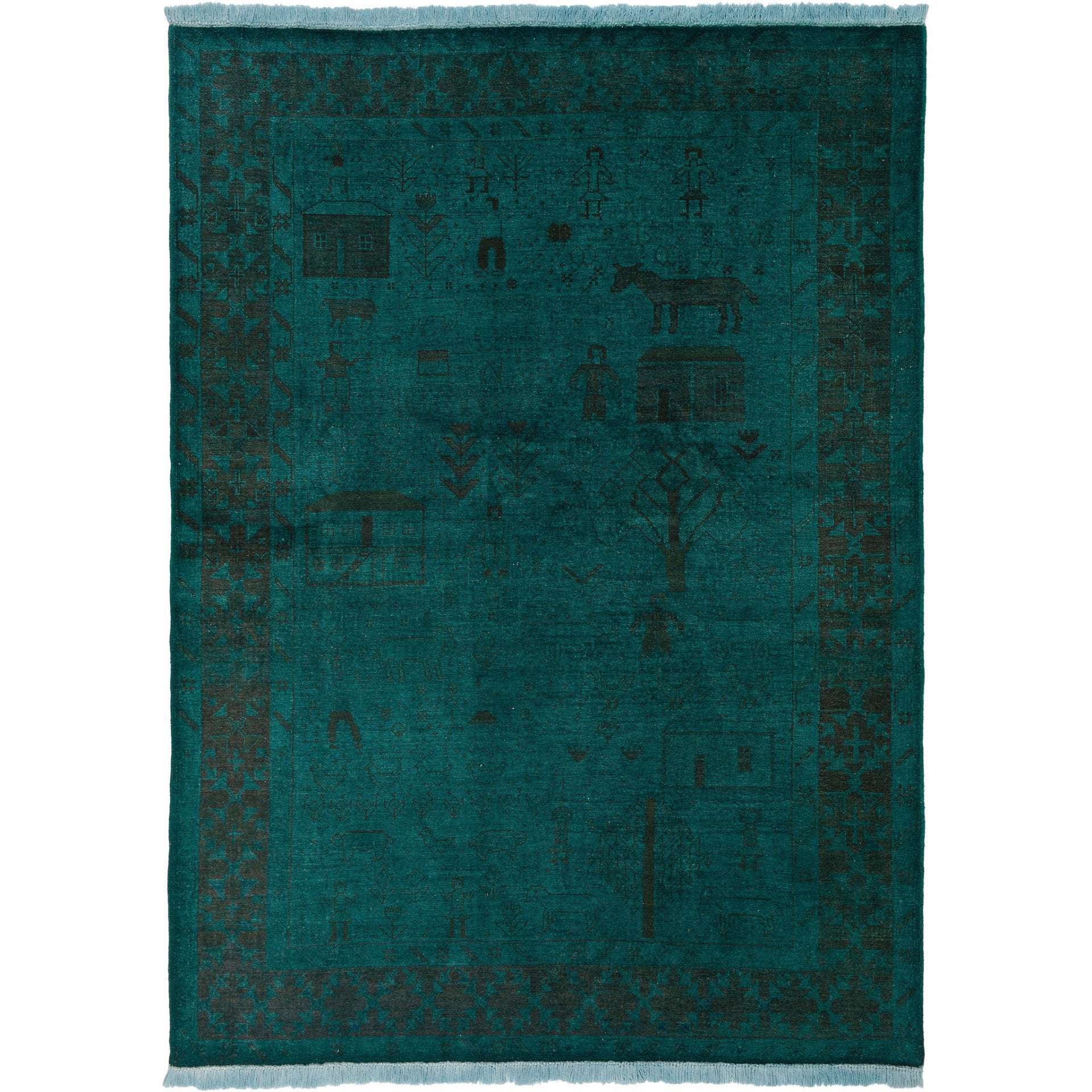 The Color Carpet #242 by Kiskan, on sale, is a teal area rug inspired by Azeri carpets. It showcases abstract and geometric patterns in dark blue, with intricate borders and diverse shapes like trees and buildings, reflecting the craftsmanship of Handmade Persian Carpets.