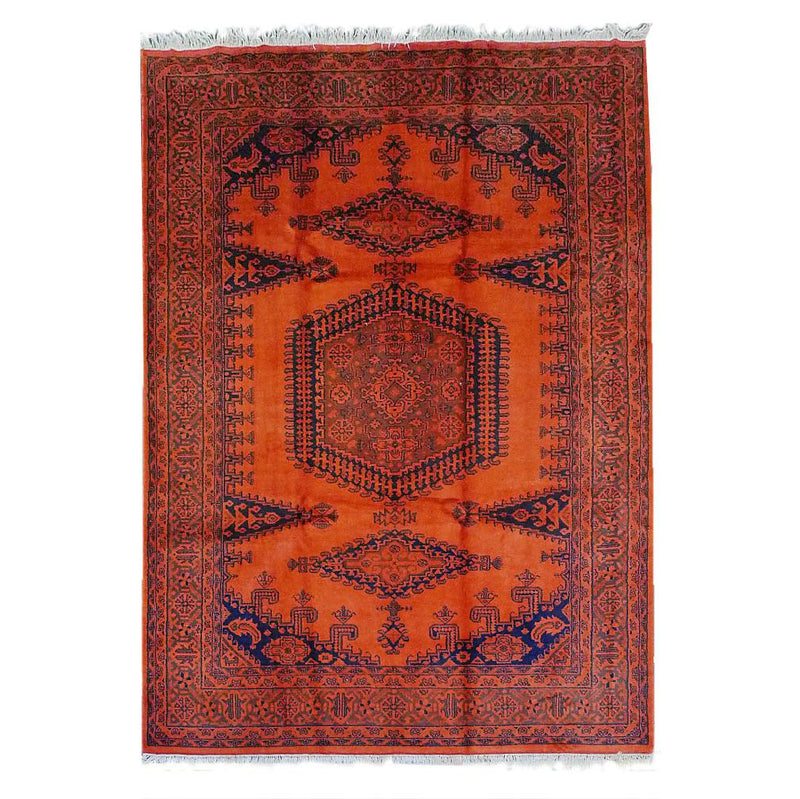 Kiskans Color Carpet #263 - Sale features a vibrant orange and navy Persian-style design, crafted from 100% wool. It showcases a central hexagonal medallion with intricate geometric patterns and detailed borders. Handmade with care, the re-inked fringes elegantly finish the top and bottom edges.