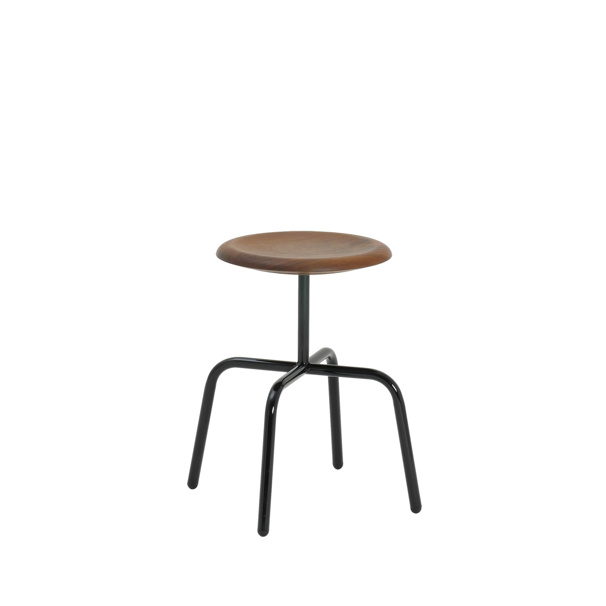 Introducing the Herrenberger Stool by Atelier Haussmann: a minimalist marvel featuring a sleek, round wooden seat on four outward-angled black legs. Its tubular steel frame seamlessly combines modern and rustic styles, exuding industrial charm against a plain white backdrop.