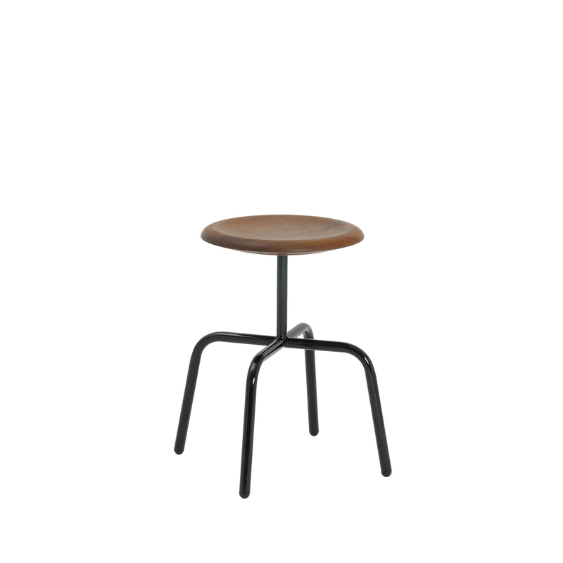 Introducing the Herrenberger Stool by Atelier Haussmann: a minimalist marvel featuring a sleek, round wooden seat on four outward-angled black legs. Its tubular steel frame seamlessly combines modern and rustic styles, exuding industrial charm against a plain white backdrop.