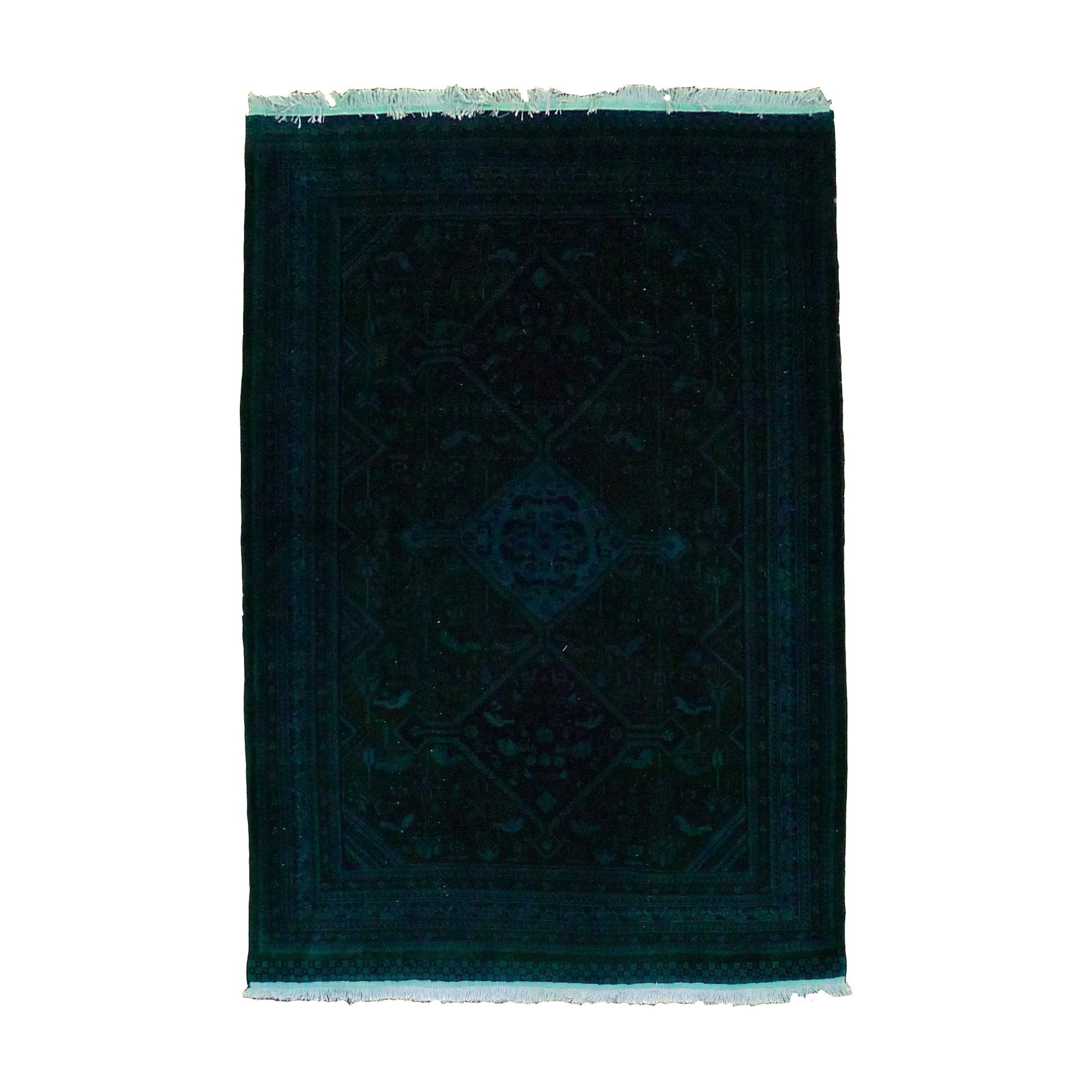 Displayed against a white background, Kiskans Color Carpet #410 - Sale is a dark green rectangular rug, handmade from 100% wool with intricate Persian-inspired motifs and fringe on both ends.