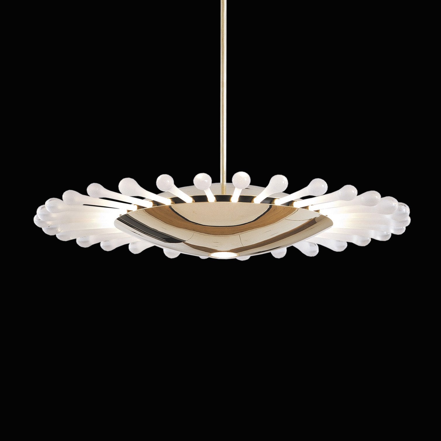 The Space Ship Ellen chandelier by Lobmeyr features a wooden center bordered by frosted glass teardrops, elegantly hanging from a slender rod against a black backdrop, echoing the design and elegance of classic Lobmeyr chandeliers.