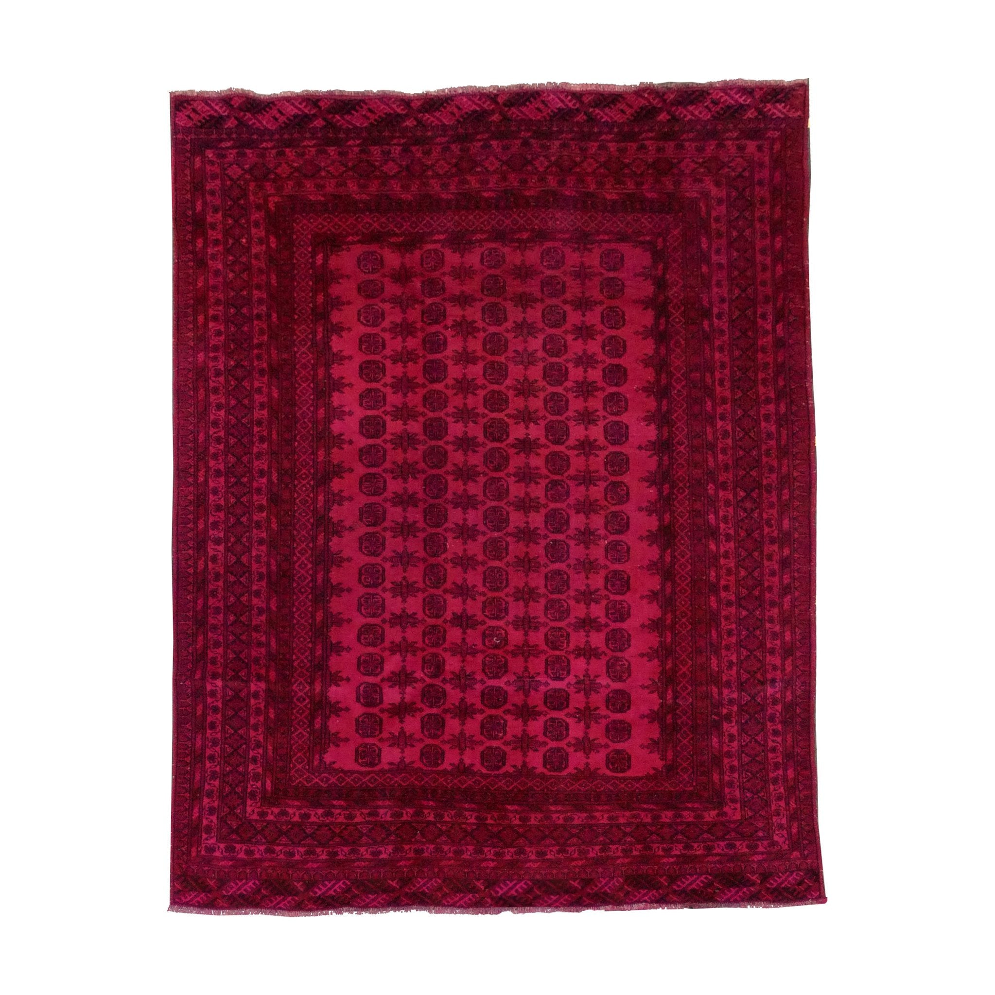 The Kiskan Color Carpet #46 - Sale is a rectangular deep red Afghan carpet with intricate black geometric and floral motifs, creating symmetrical borders and central designs. Made from 100% wool, it offers a soft and plush texture.