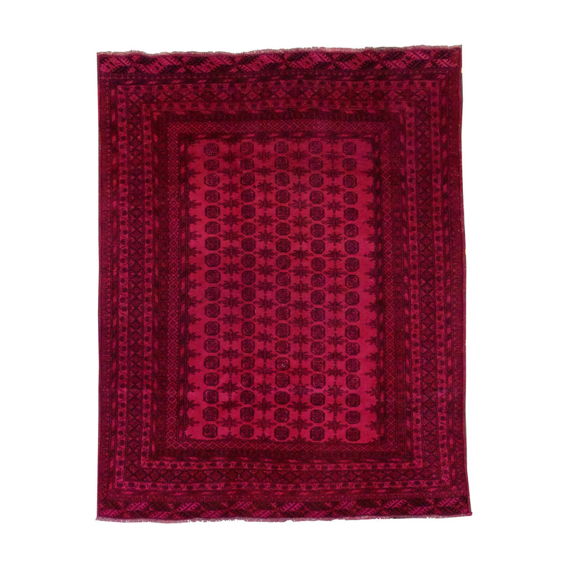 The Kiskan Color Carpet #46 - Sale is a rectangular deep red Afghan carpet with intricate black geometric and floral motifs, creating symmetrical borders and central designs. Made from 100% wool, it offers a soft and plush texture.