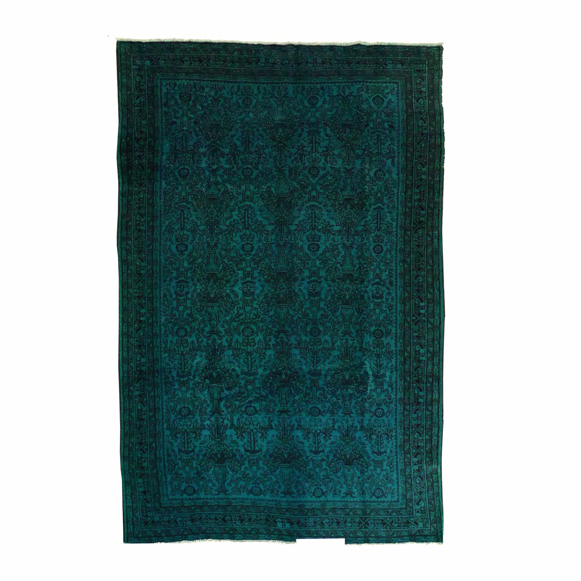 Color Carpet #56 - Sale by Kiskan is a rectangular dark green vintage rug made from 100% wool, featuring intricate floral and geometric patterns. Its detailed border and subtly uneven, faded surface give it the antique charm of a handmade Persian Bachtiar carpet.