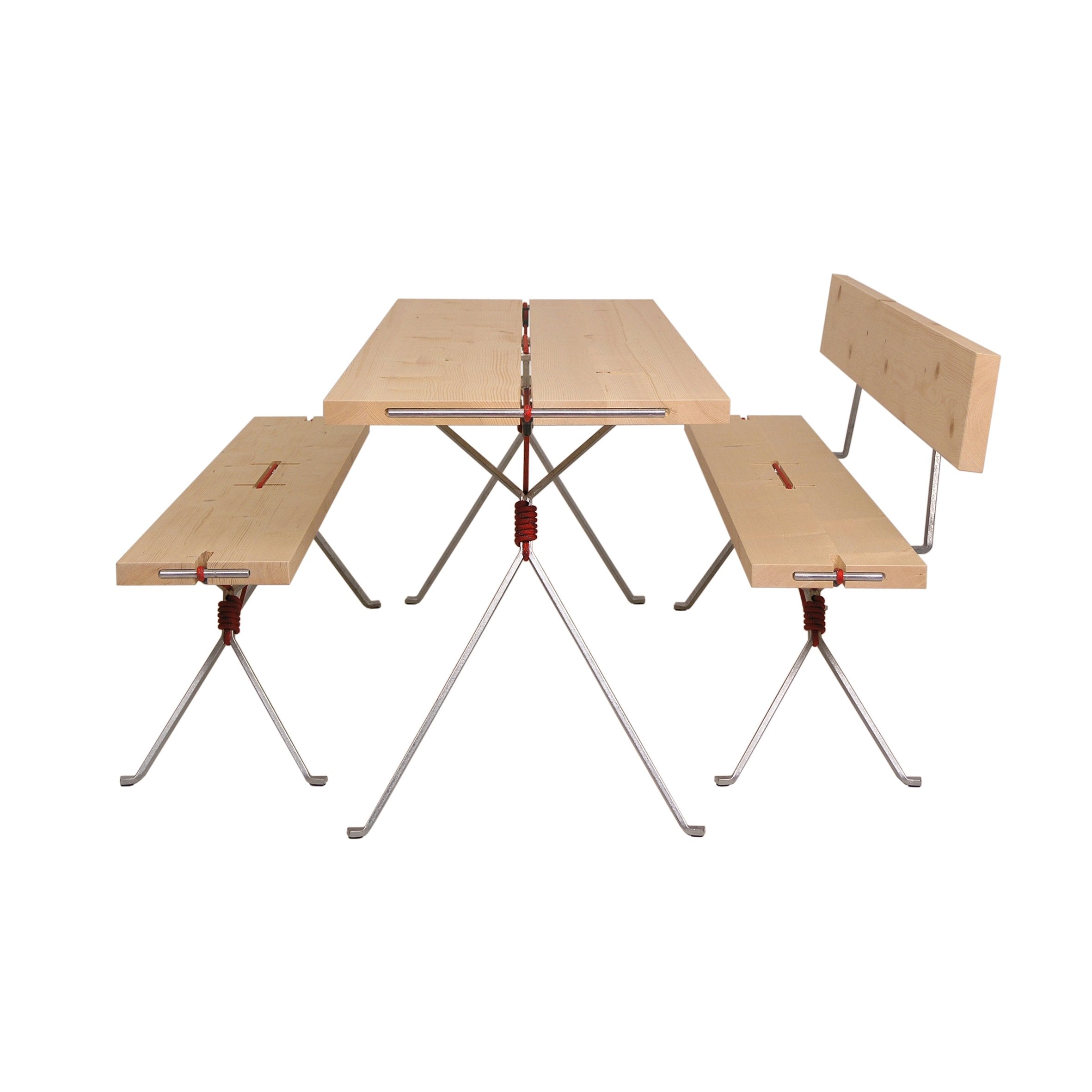 The minimalist Kampenwand Bench set by Moormann includes two benches and a backed seat. Each piece has metal legs, light wood surfaces, and visible red joins for style, with precise bench dimensions ensuring comfort and elegance.