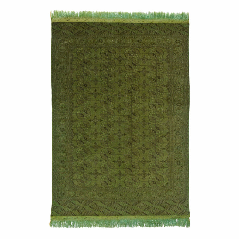 The Color Carpet #65 by Kiskan combines geometric and floral patterns like Persian Bokhara rugs. Its crafted from 100% wool, features diamond-shaped borders and central symmetrical motifs, and has short green fringes on each end.
