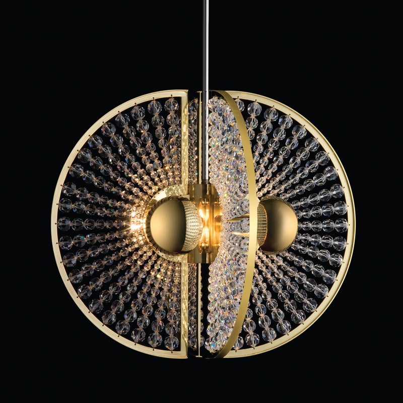 The Lobmeyr Brilliant 6878 by Lobmeyr is a modern spherical pendant lamp with a gold frame and Swarovski crystal beads, split into two hemispheres. Its intricate design and sparkling crystals exude elegance and luxury against a dark background.