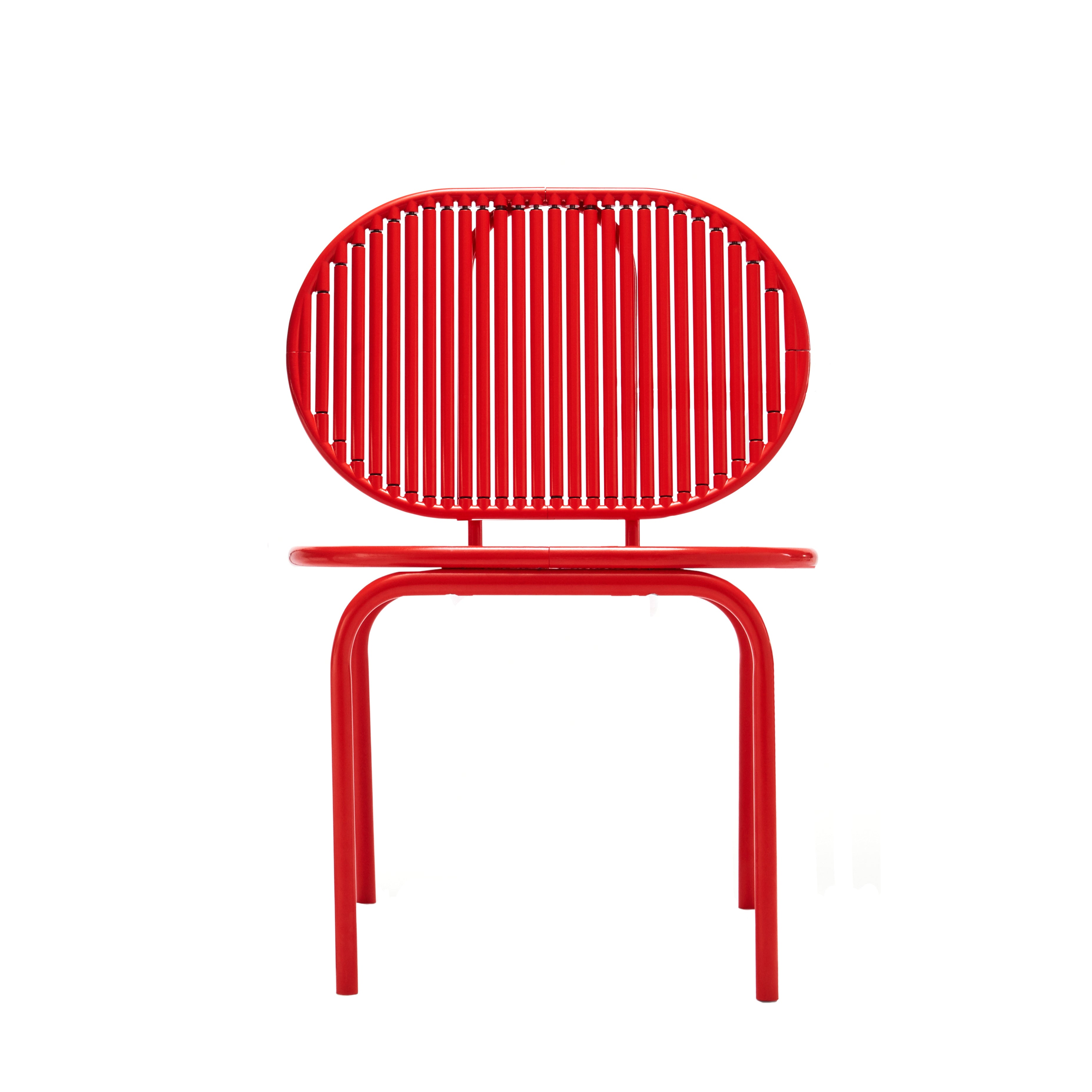 The Roll Chair - Sale by AKTTEM, designed by Verena Hennig, features a red round seat and backrest made of rotatable aluminum sticks. Its minimalist design with slender rounded legs gives it a contemporary and artistic look.