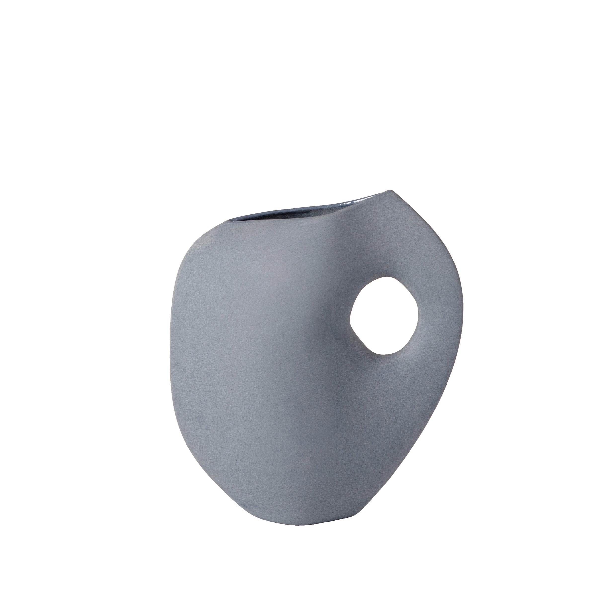 The Aura I by Schneid is a modern, abstract grey vase with a smooth, rounded shape and large cutout. As part of the Aura collection, it features a minimalist design with a matte finish and sits elegantly against a plain white background.