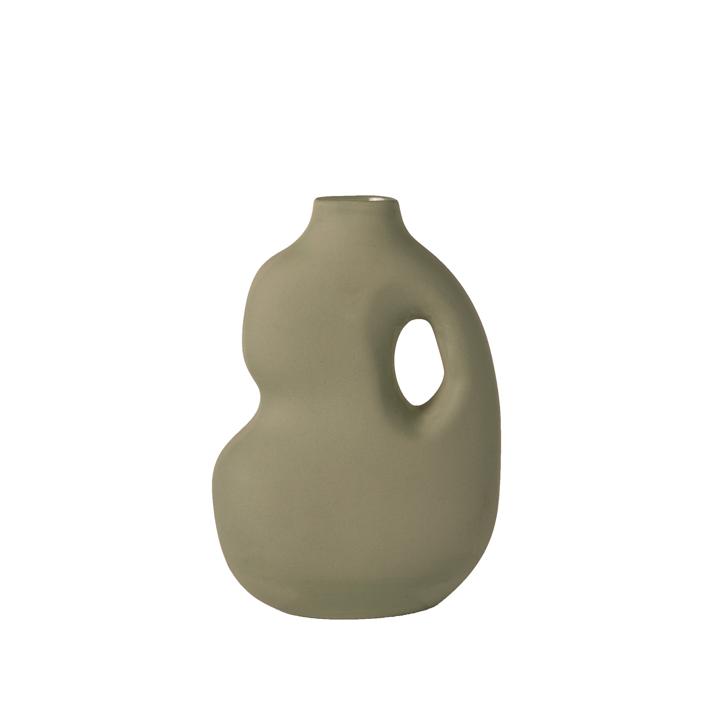 The Aura II by Schneid is a matte sage green stoneware vase with a modern, organic shape. It features a smooth, curved body and round top opening, complemented by an asymmetrical design and cut-out handle for contemporary charm.