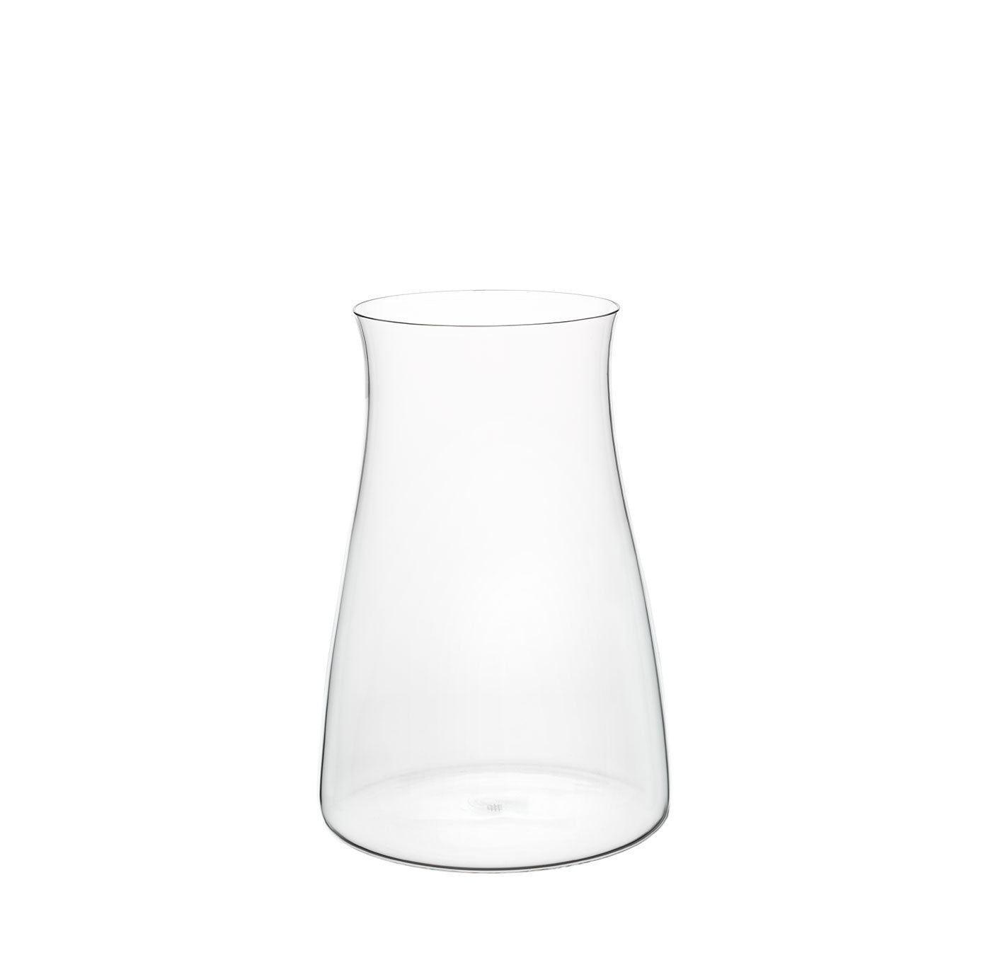The Aldo Bakker Night Set by Lobmeyr features a transparent glass vase with a wide, rounded body tapering to a narrow opening, echoing sculptural artistry against a plain white background.