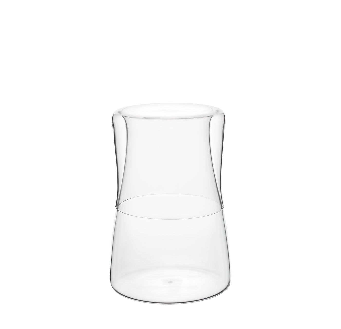 The Aldo Bakker Night Set by Lobmeyr features a clear glass carafe with an inverted cup on top, showcasing minimalist elegance through its thin, transparent material and elegantly curved lines.