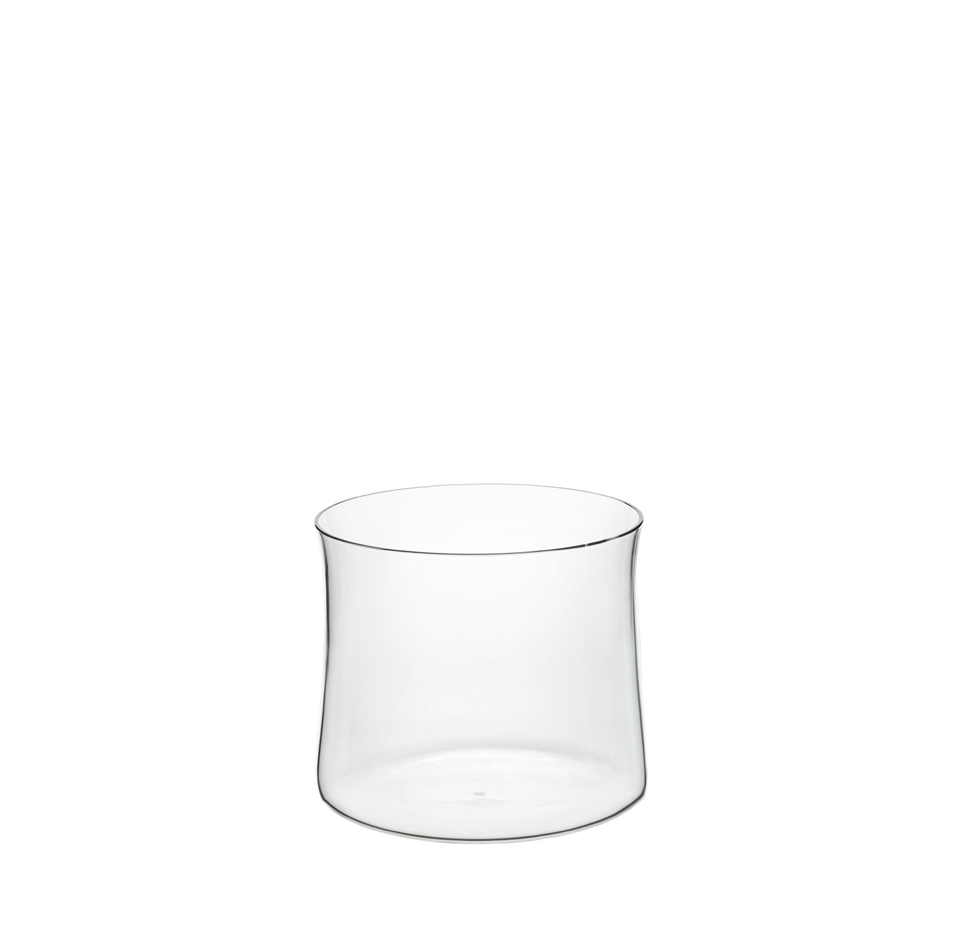 Against a plain white backdrop, the simple elegance of transparent glass is showcased by a clear cylindrical vase with a slightly flared rim, evoking Aldo Bakkers sculptural style in this Lobmeyr creation.