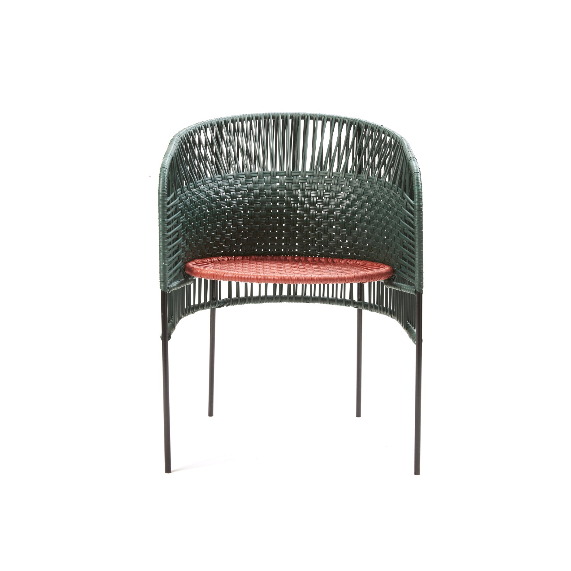 The Caribe Chic Dining Chair by Ames showcases a green rounded backrest and armrests with an orange recycled plastic cord seat. It stands on four elegant black metal legs, reflecting Sebastian Herkners signature design.