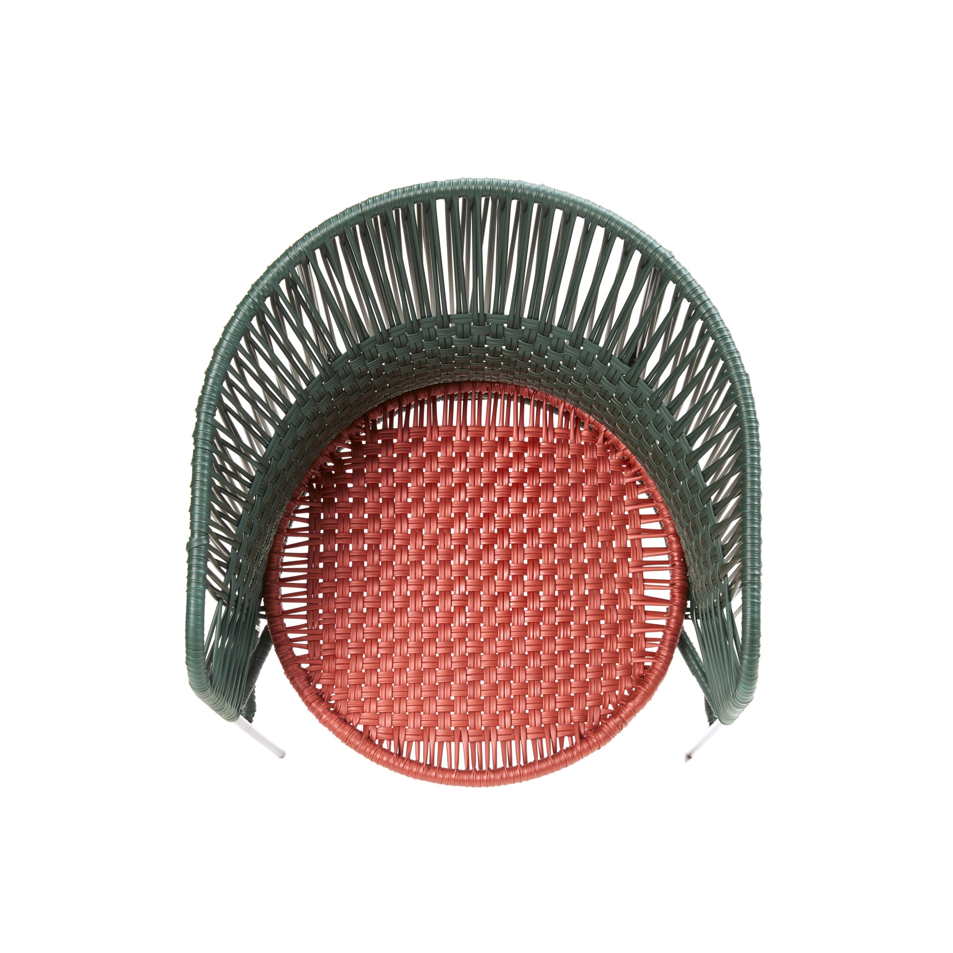 Experience the artistic allure of Ames Caribe Chic Dining Chair by Sebastian Herkner. The woven design from recycled plastic cord features a red circular seat and a green curved backrest, offering a strikingly modern look from the top view.