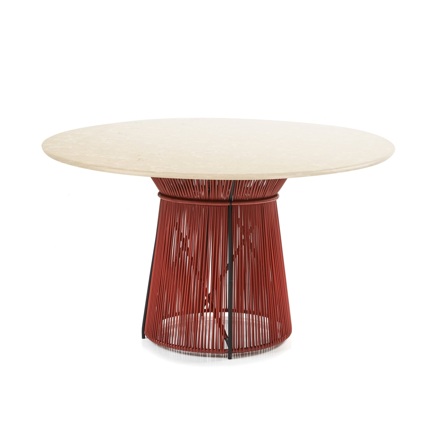 The Ames Caribe Chic Dining Table by Ames, designed by Sebastian Herkner, features a round light marble top and a red metal base with vertical rods spaced apart for an open, airy look.