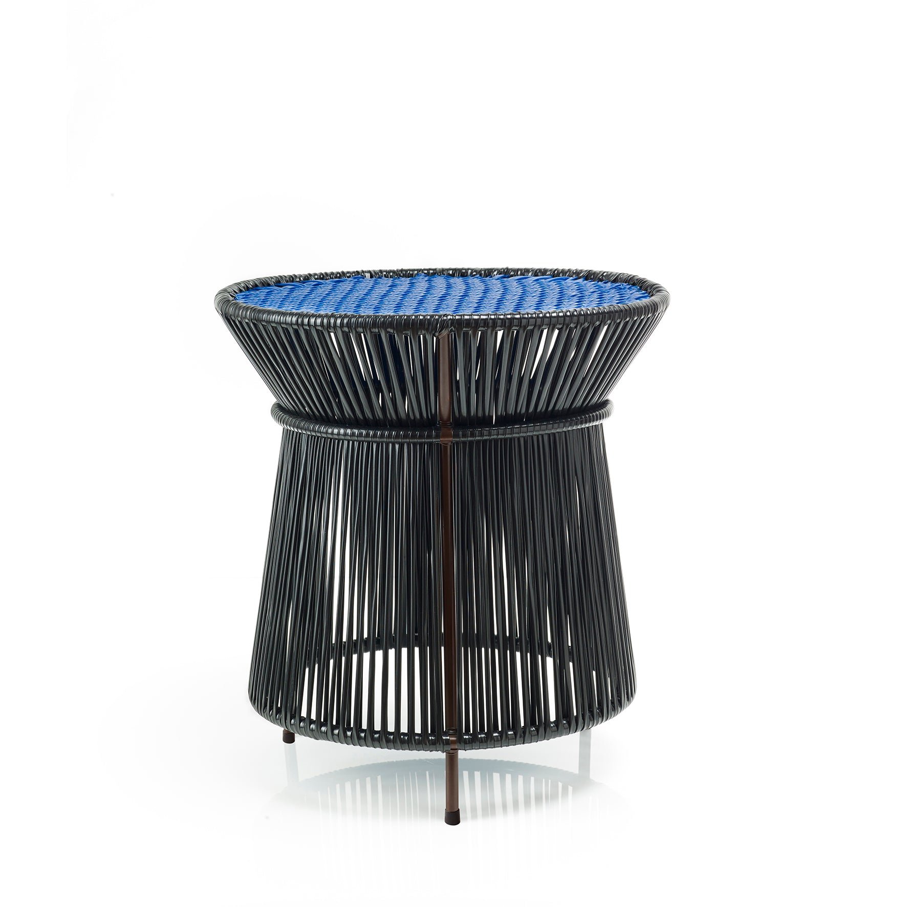 The Ames Caribe High Table by Ames, from the Caribe Collection, features a black metal base with vertical rods and a flat blue woven top—perfect as modern outdoor furniture. Shown photographed against a plain white background.