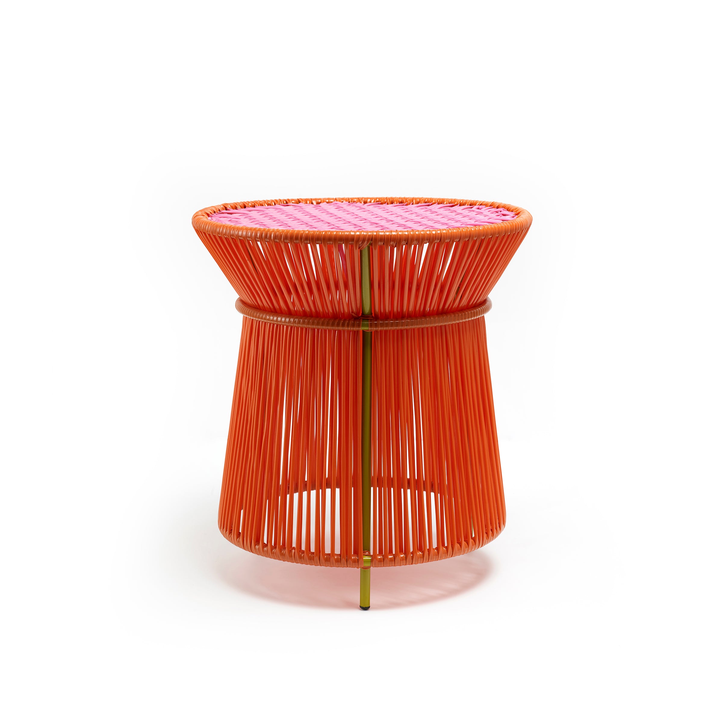 The Ames Caribe High Table by Ames features an hourglass silhouette with a metal frame wrapped in vibrant orange string and a pink woven top, making it a stylish addition to any outdoor space.