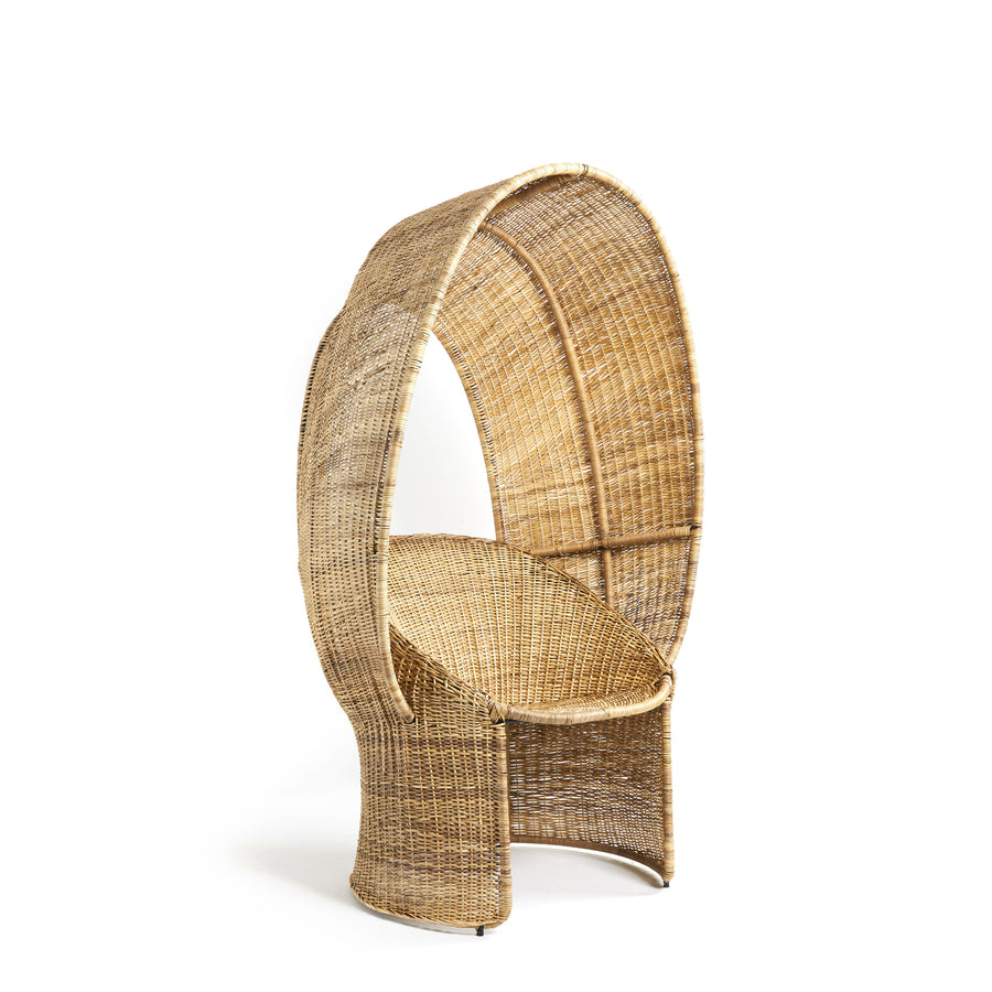 The Ames Cartagenas Natural Reina Chair by Ames features a sculptural, high-back, arched design in woven rattan, inspired by Cartagena's furniture and shown on a white background.