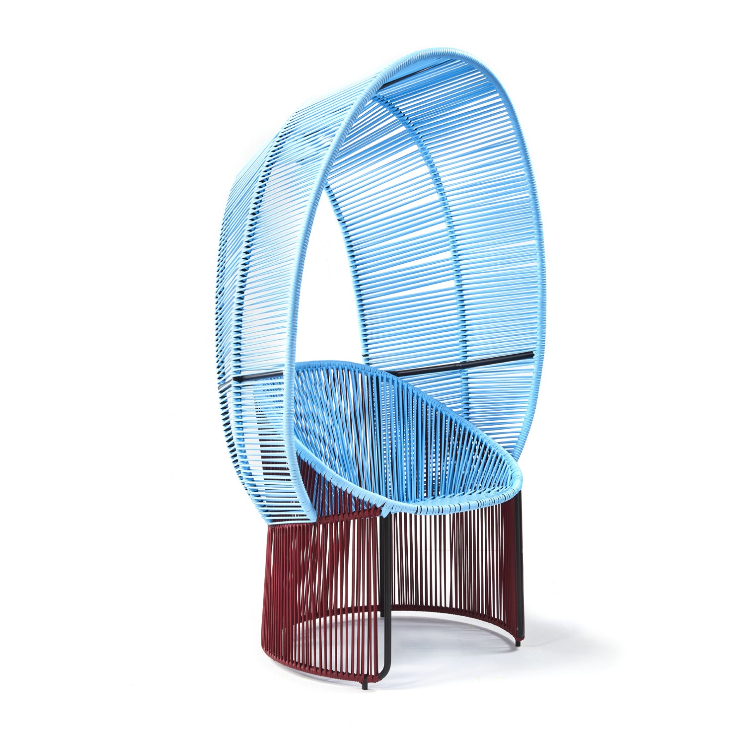 The Cartagenas Reina Chair by Ames features a unique design with a large, curved blue woven backrest and matching seat. Its maroon and black supports add an artistic touch, making it ideal for outdoor spaces.