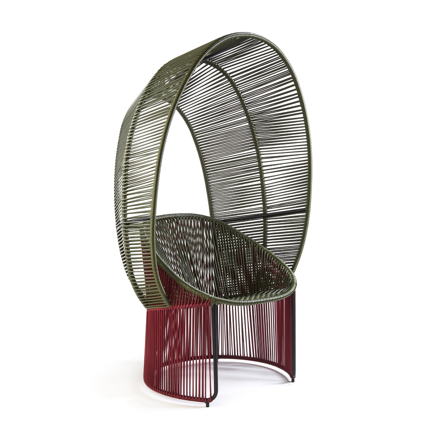 The Cartagenas Reina Chair by Ames features a modern design with a semi-circular backrest and green-red woven wire seat. Ideal for outdoor spaces, its high back curves to form an arched canopy over sleek wire legs.