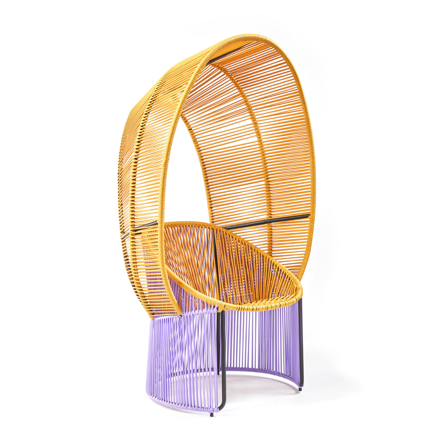 The Cartagenas Reina Chair by Ames is a modern artistic piece featuring an arched yellow frame with horizontal slats and a base of vertical purple slats. Its semi-circular design beautifully contrasts a plain white background.