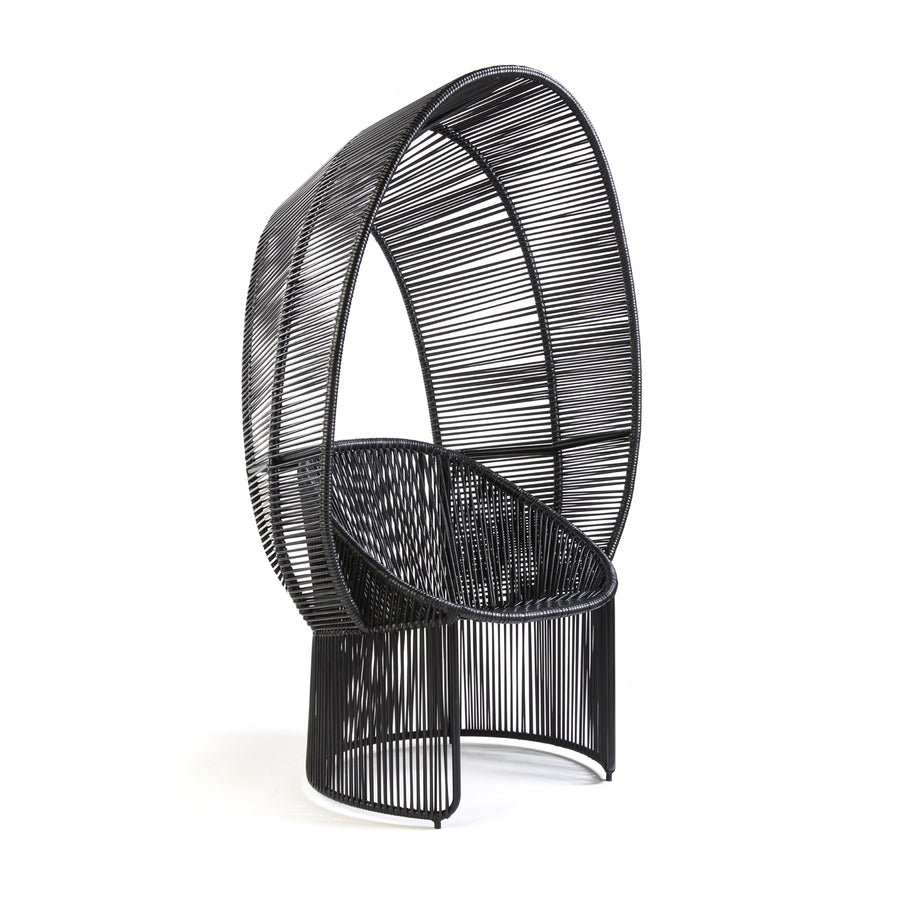 The Cartagenas Reina Chair by Ames, from the Cartagenas collection, is a modern black chair with an open weave design, featuring a high, curved back made of thin parallel bars forming a semi-enclosed shape around the seat, perfect for any outdoor space.