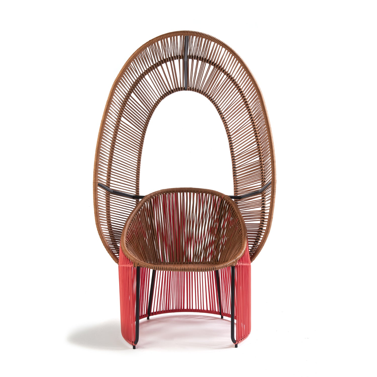 Discover the Cartagenas Reina Chair by Ames, featuring a high arching backrest with woven brown and red cords, all supported by a black metal frame. This modern marvel elevates any outdoor space with its unique design.